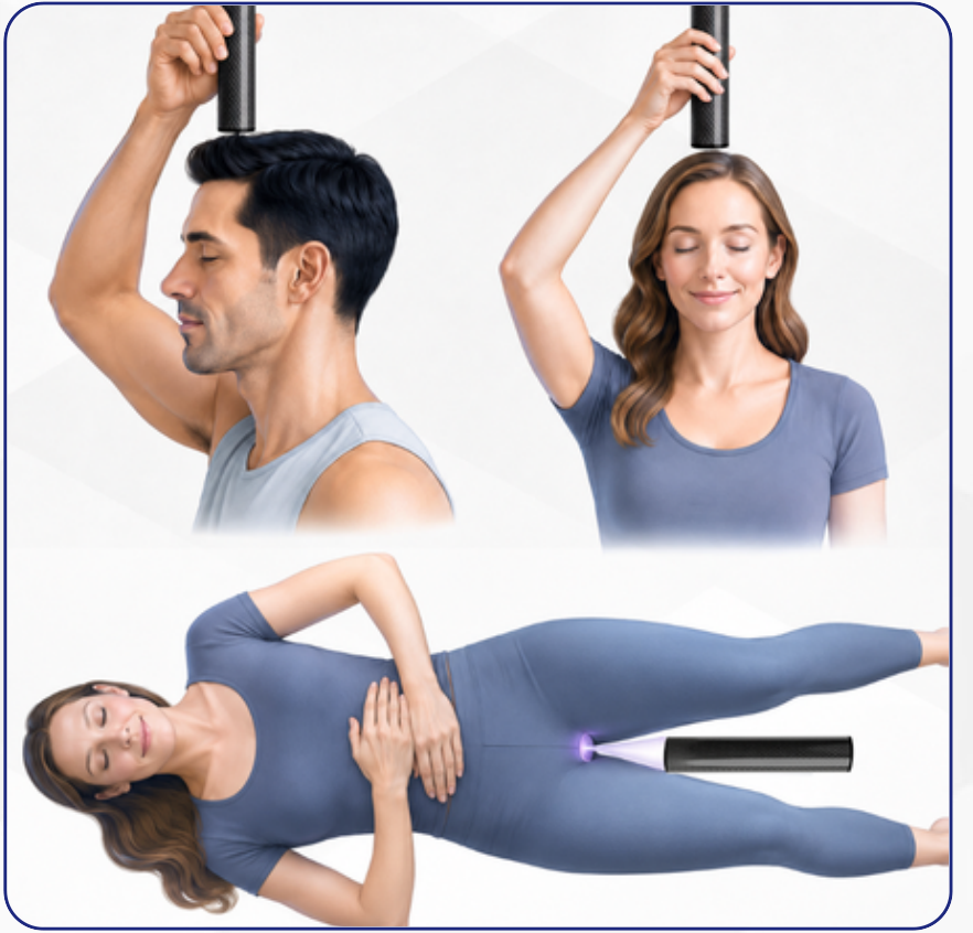 Two examples of the BioTransducer held above the head and one example positioned between the legs while lying down.